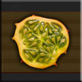 Horngurke/Hornmelone (Cucumis metuliferus)aufgeschnitten Handelsname Kiwano